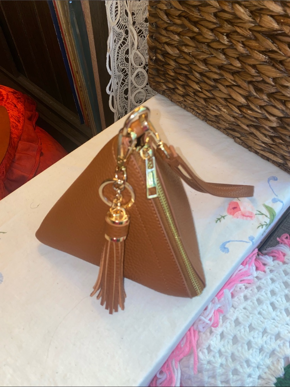 Brown Leatherette Pyramid wristlet  Bag with Tassel